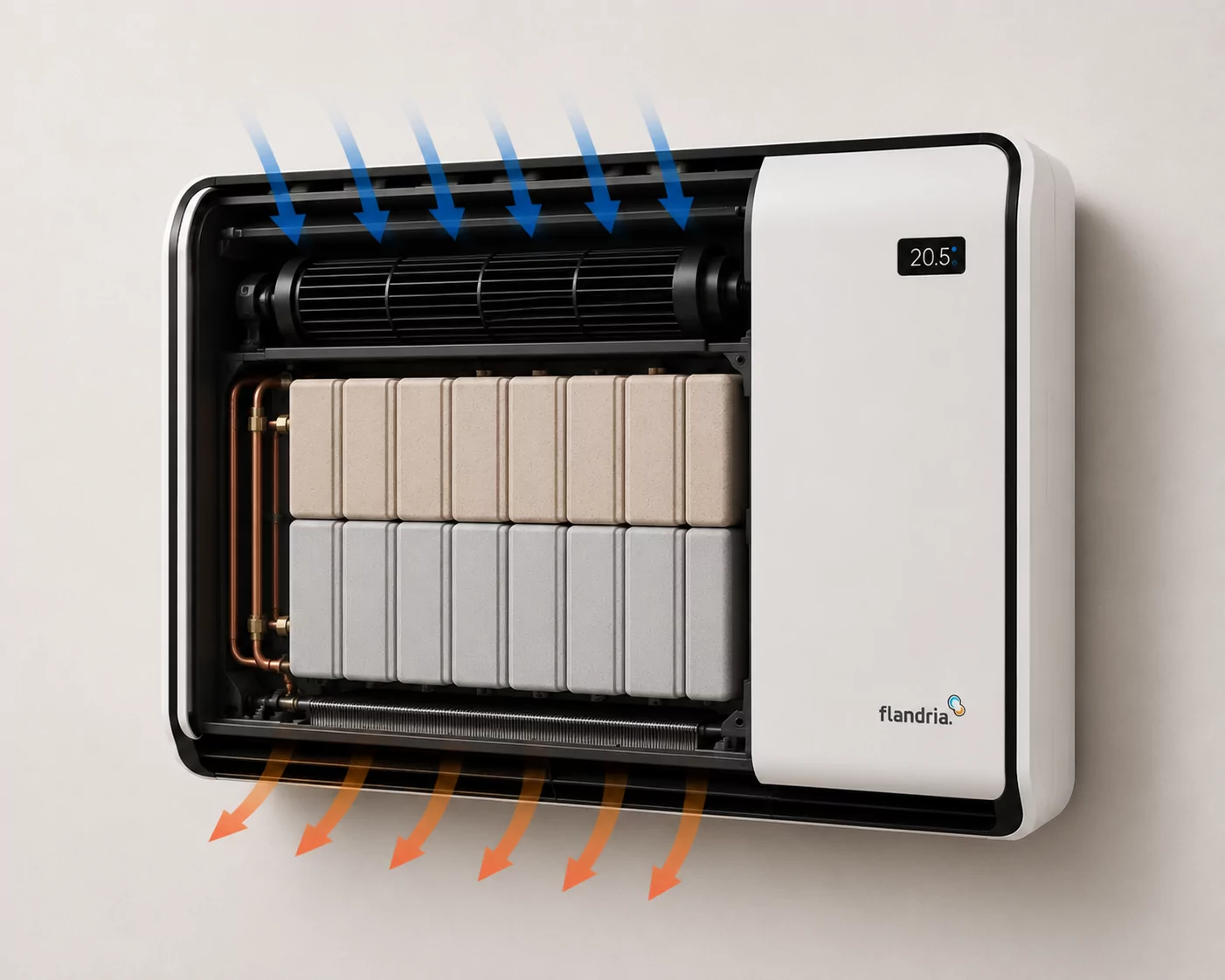 Coupe d’un appareil Flandria avec ventilateur et blocs de stockage de chaleur ; flèches bleues pour l’air frais, flèches orange pour l’air chaud