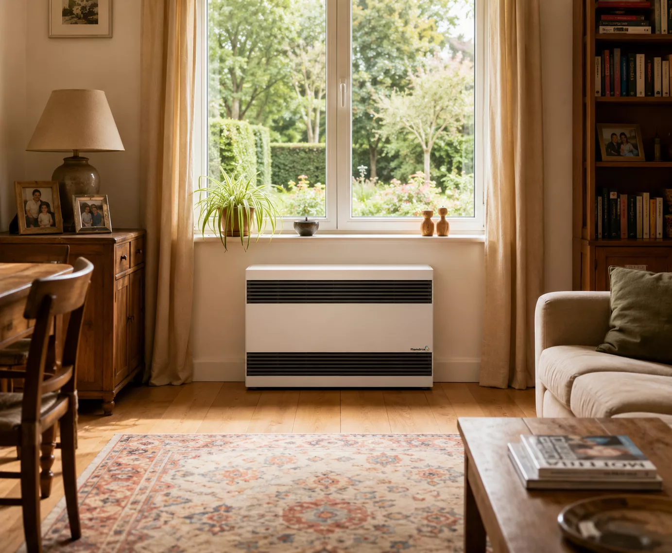 Flandria-gasconvector onder het raam in een landelijke woonkamer