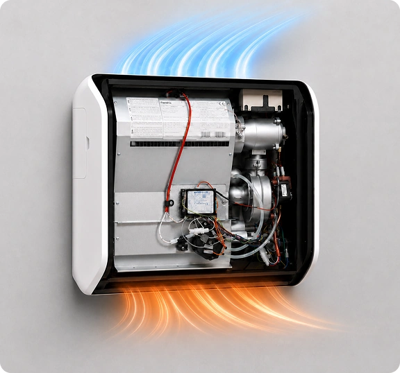 Geopende Stratos MB gasconvector met zichtbare componenten, die bovenaan koele kamerlucht aanzuigt en onderaan warme lucht uitblaast