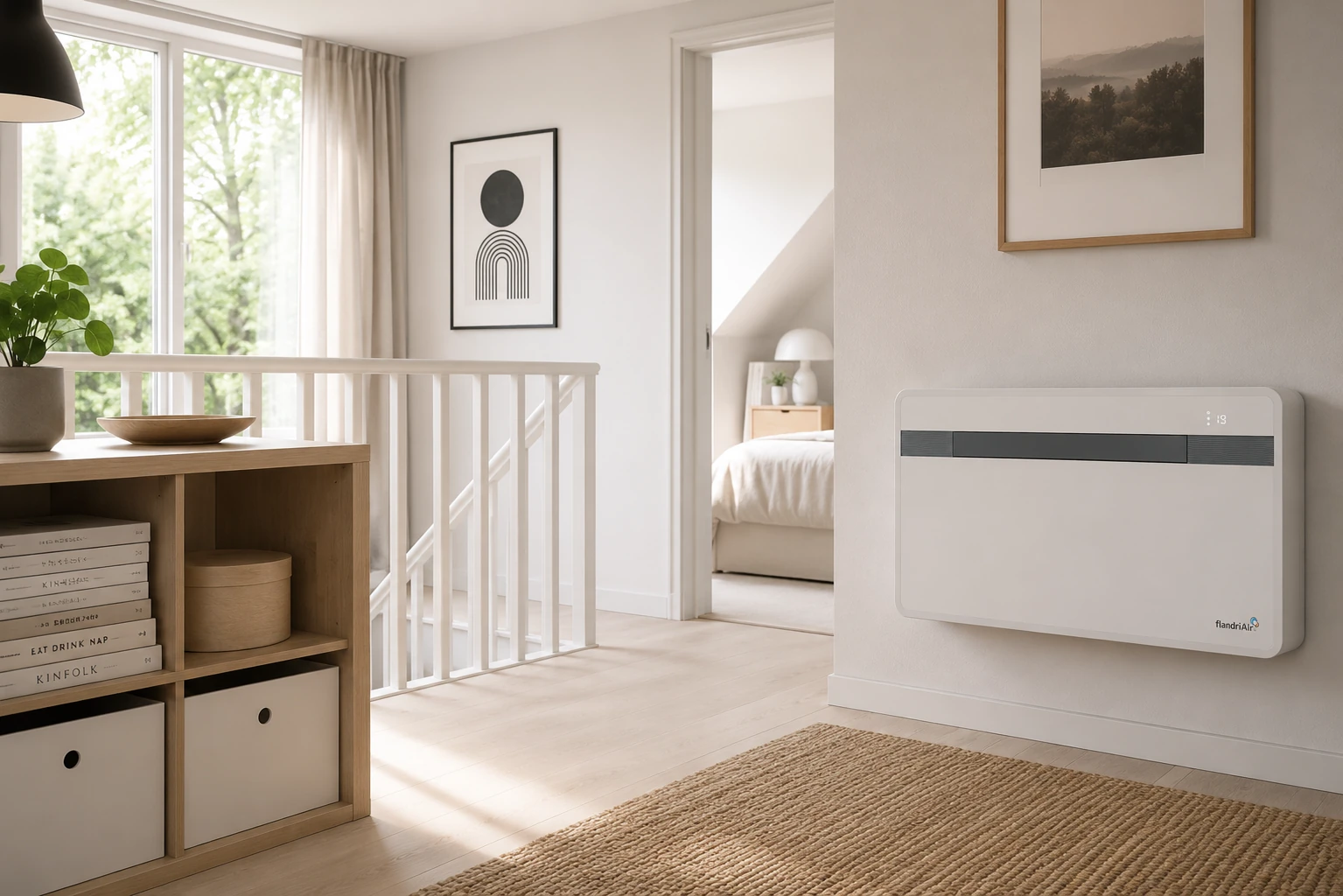 flandriAir warmtepomp aan de wand in een overloop met trap en kast