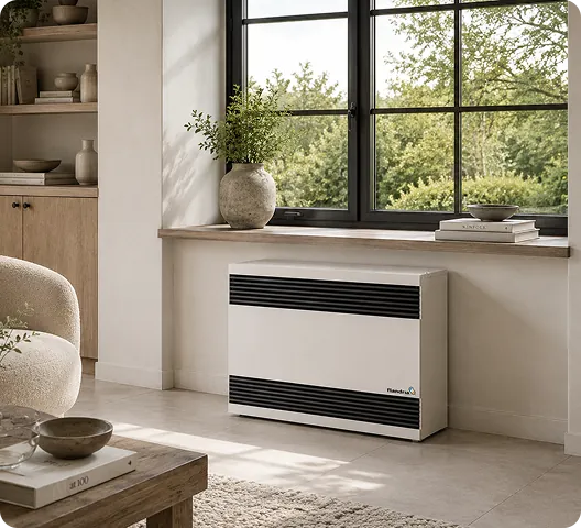 Flandria-gasconvector onder een raam in een lichte woonkamer