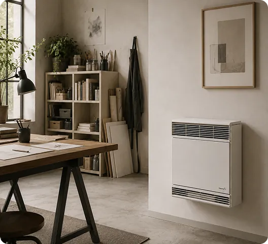 Convecteur au gaz Flandria MK fixé au mur dans un atelier