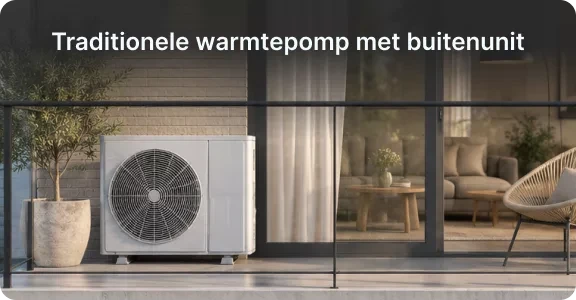Traditionele warmtepomp met buitenunit aan de gevel